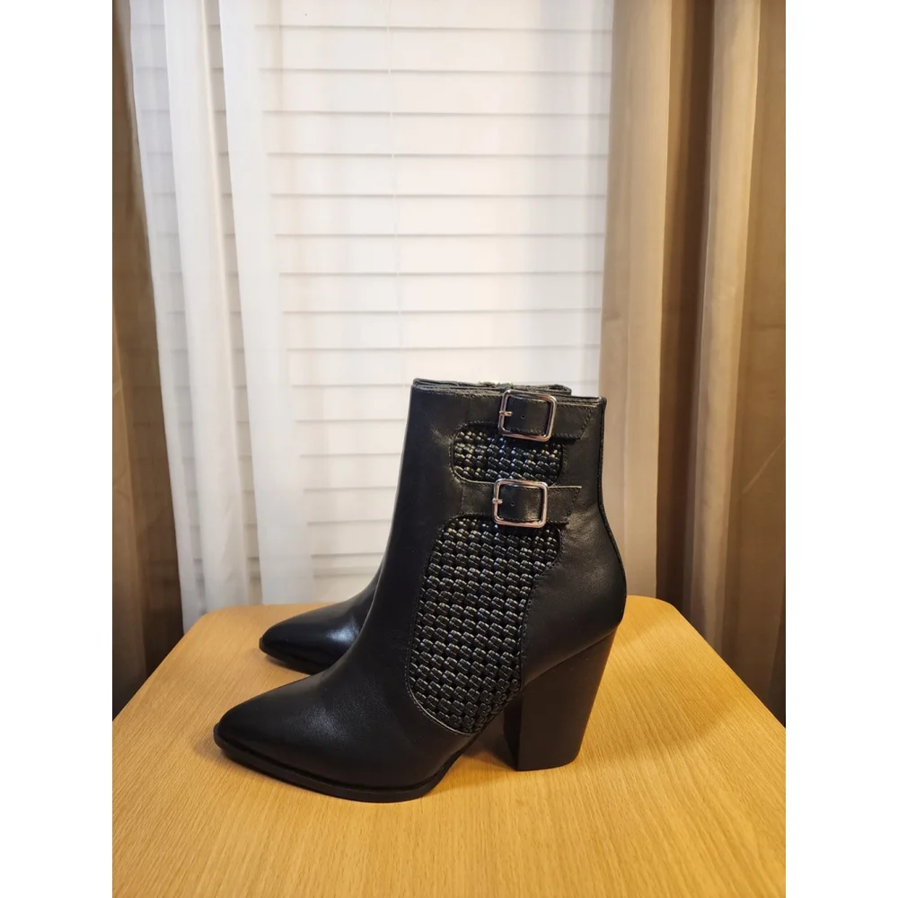 Steve Madden LEATHER Modern Buckle Weaved Western Boots Bootie SZ 10 M BLACK